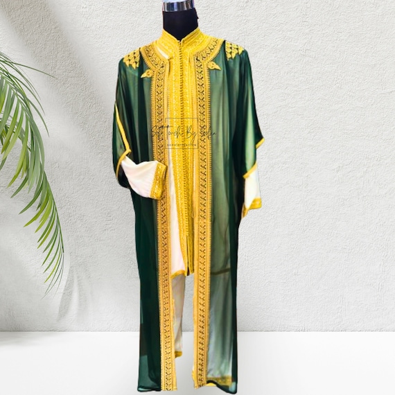 jabador ,Mens wedding  kaftan,3 pieces nikkah outfit-Green and Gold