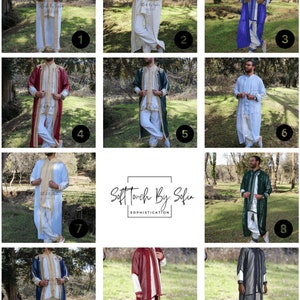 May include: Collection of men's traditional outfits in various colors, including white, blue, burgundy, and green. Each outfit features a long robe with gold embroidery and matching pants. The outfits are displayed outdoors.