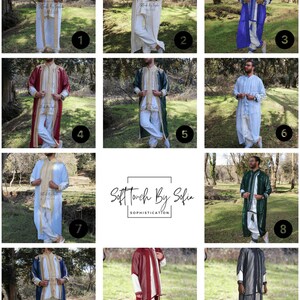 May include: Collection of traditional men's garments in various colors, including white, blue, red, and green. Each garment features intricate gold embroidery and is worn with matching pants. The image includes the text "Soft Touch By Sofia".