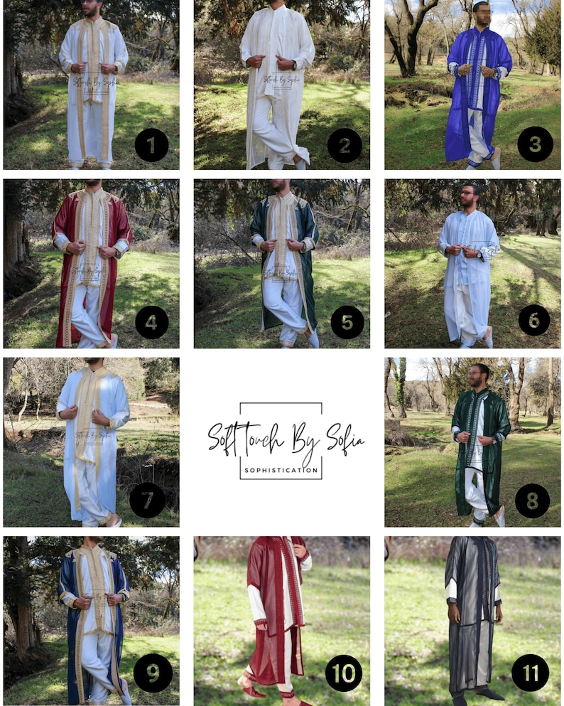 May include: Collection of traditional men's garments in various colors, including white, blue, red, and green. Each garment features intricate gold embroidery and is worn with matching pants. The image includes the text "Soft Touch By Sofia".