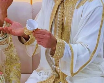 Jabador, tenue de mariage pour homme, caftan marocain 3 pièces pour nikkah - blanc et or