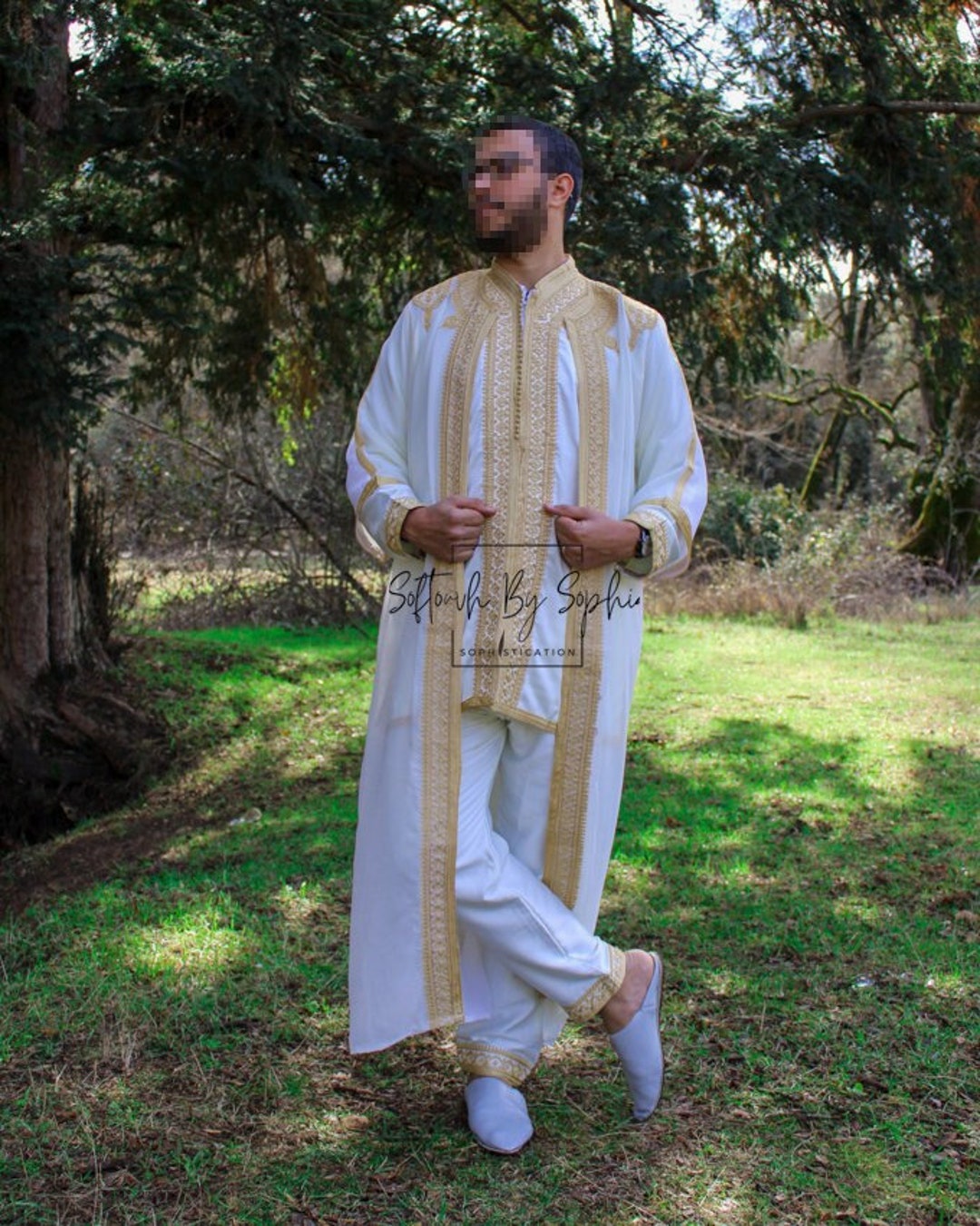 Jabador, Wedding Outfit for Men, 3 Pieces Moroccan Kaftan for Nikkah-white  & Gold 