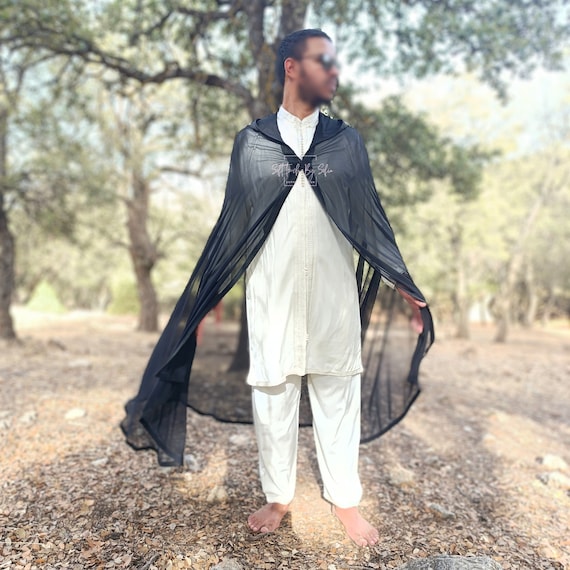 Black Chiffon Hooded Cloak , Selham for Men, Moroccan