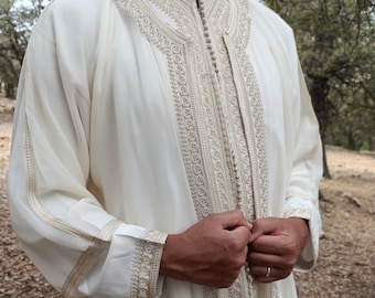 Embroidered Beige Moroccan Jabador - Traditional 3-Piece Men's Wedding Kaftan and Groom Outfit