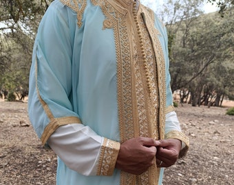 jabador ,Moroccan kaftan men, groom outfit,3 pieces set for wedding-aqua & Gold