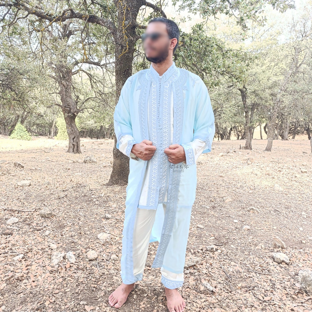 Sky Blue Elegant Moroccan Jabador, Islamic Wedding Dress for Men & Guest
