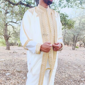 jabador ,  mens wedding kaftan , nikkah outfit-white and Gold