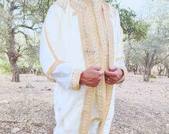 jabador ,  mens wedding kaftan , nikkah outfit-white and Gold