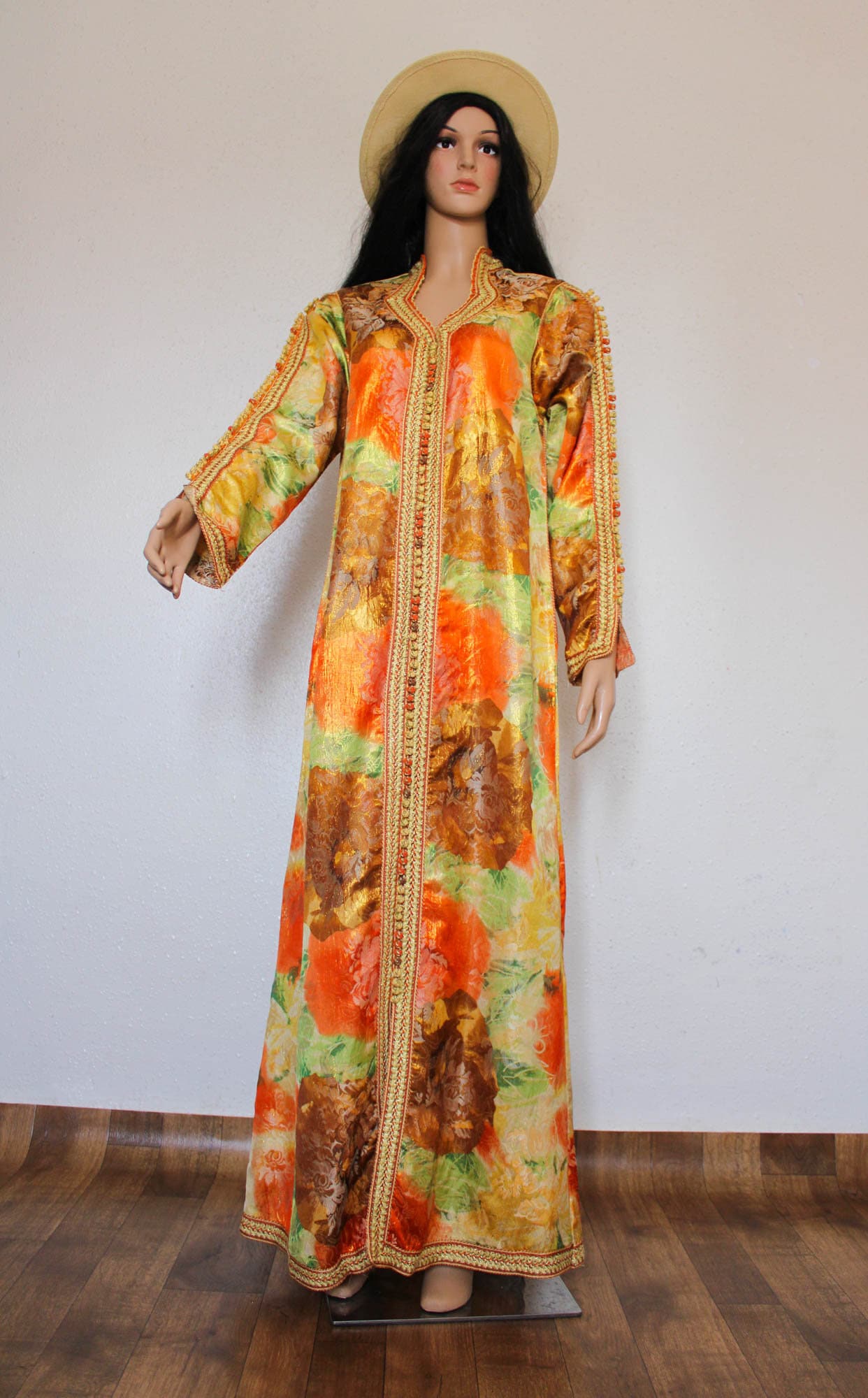 Vintage Moroccan Kaftan Dress, Colorful Brocade, 60s Caftan