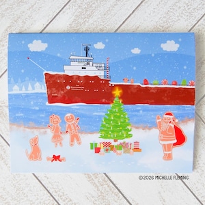 May include: A Christmas-themed illustration featuring a red ship sailing on a snowy sea. A decorated Christmas tree, gingerbread people, and Santa Claus are also depicted. The image has a blue sky with white clouds and falling snow.
