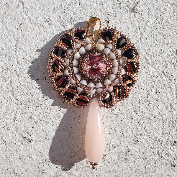 pendentif "Reine" en perles de verre, de Bohème, cristal, goutte jade coloré rose