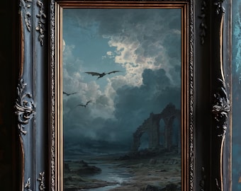May include: A framed landscape painting depicting a dramatic sky with dragons flying over a ruined structure. The ornate black frame has gold accents. The artwork evokes a fantasy theme.