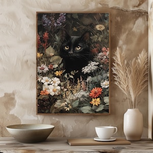 Black Cat in Wildflowers Wall Art, Moody Floral Cat Print, Black Cat Floral Print, Cottagecore Decor, Oil Painting, Digital Download