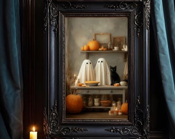 May include: A framed Halloween-themed artwork featuring two ghost figures, pumpkins, and a black cat. The frame is ornate and dark, with a candle and books in the foreground. The artwork evokes a cozy, spooky atmosphere.