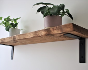 Live Edge Rustic Industrial Style Shelf made from Solid Wood with Steel Brackets flat down style,  9x1.5 Wax Finish Brackets Included