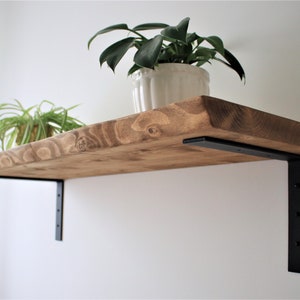 Live Edge Rustic Industrial Style Shelf made from Solid Wood with Black Steel Brackets flat down style, 12x1.5 Wax Finish Brackets Included