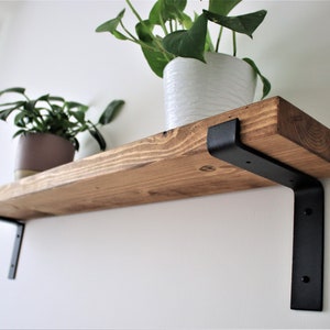 Flat Rustic Industrial Style Shelf made from Solid Wood with Black Steel Brackets scaffolding down style, 6x2 Wax Finish Brackets Included