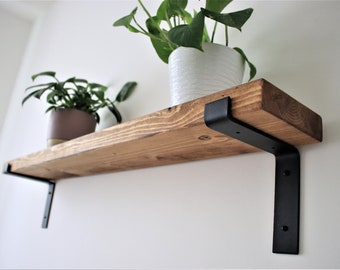 Flat Rustic Industrial Style Shelf made from Solid Wood with Black Steel Brackets scaffolding down style, 6x2 Wax Finish Brackets Included