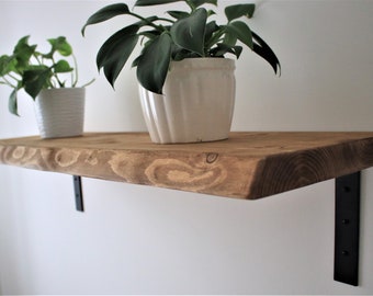 Live Edge Rustic Industrial Style Shelf made from Solid Wood with Black Steel Brackets flat down style, 12x2 Wax Finish Brackets Included
