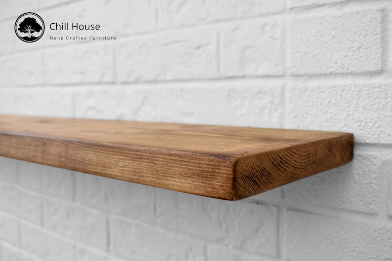 Rustic Floating Shelf made from Solid Wood, Scaffold Board, Chunky Old Slab Dark Oak 9x1.5 Wax Finish Brackets Included image 3