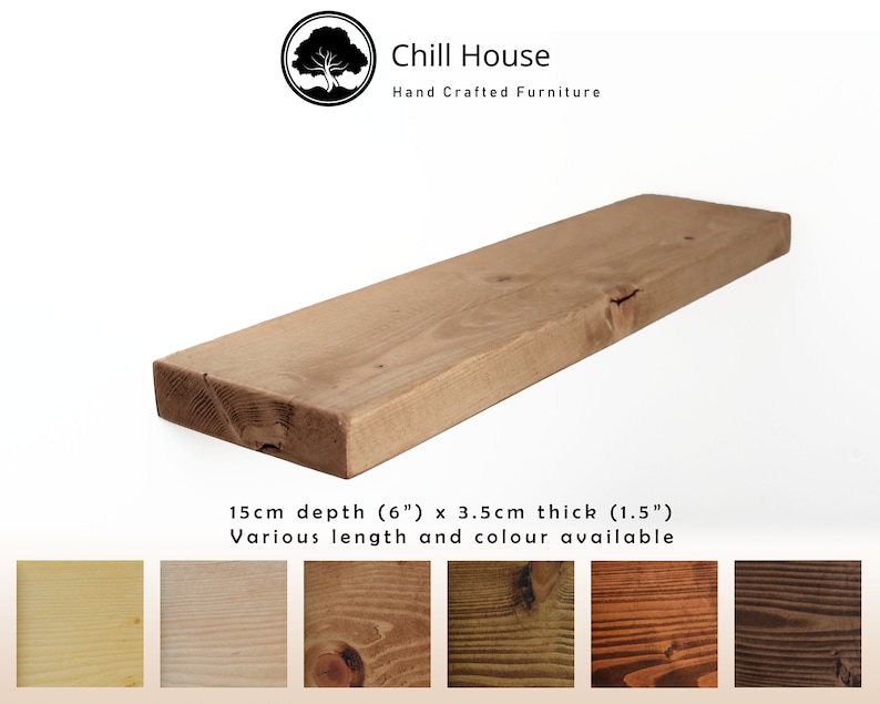 May include: A rustic wooden shelf, 6 inches deep and 1.5 inches thick, with a natural wood finish. The shelf is available in various lengths and colors.  Chill House Hand Crafted Furniture.