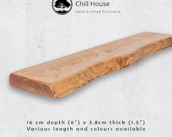 Live Edge Rustic Floating Shelf made from Solid Wood, Industrial Chunky Old Slab Tudor Oak 6x1.5 Wax Finish Brackets Included