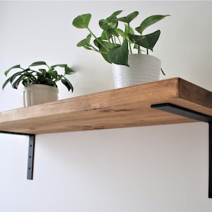 Flat Rustic Industrial Style Shelf made from Solid Wood with  Steel Brackets flat down style, 12x1.5 Wax Finish Brackets Included
