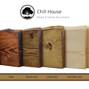 Op de afbeelding: Zes houtstalen in verschillende houtkleuren: walnoot, teak, Tudor eiken, donker eiken, naturel eiken en antiek grenen. Chill House Handgemaakte meubels.
