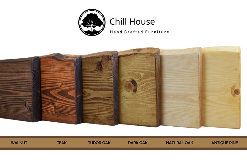 Op de afbeelding: Zes houtstalen in verschillende houtkleuren: walnoot, teak, Tudor eiken, donker eiken, naturel eiken en antiek grenen. Chill House Handgemaakte meubels.