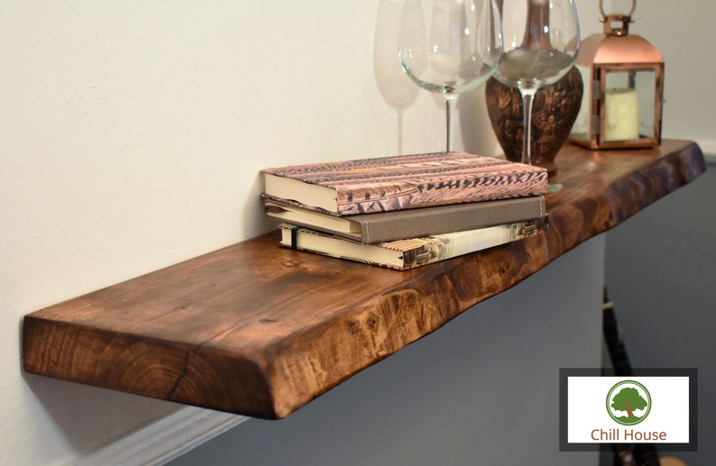 Live Edge Rustic Floating Shelf made from Solid Wood, Industrial Chunky Old Slab Tudor Oak 9x1.5 Wax Finish Brackets Included image 3