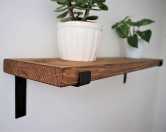 Flat Rustic Industrial Style Shelf made from Solid Wood with Black Steel Brackets scaffolding down style, 9x1.5 Wax Finish Brackets Included