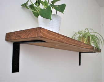 Flat Rustic Industrial Style Shelf made from Solid Wood with Steel Brackets flat down style,  9x1.5 Wax Finish Brackets Included