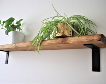 Live Edge Rustic Industrial Style Shelf made from Solid Wood with Black Steel Brackets flat down style,  6x2 Wax Finish Brackets Included