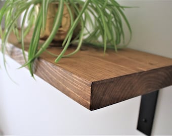 Flat Rustic Industrial Style Shelf made from Solid Wood with Black Steel Brackets flat down style,  9x2 Wax Finish Brackets Included