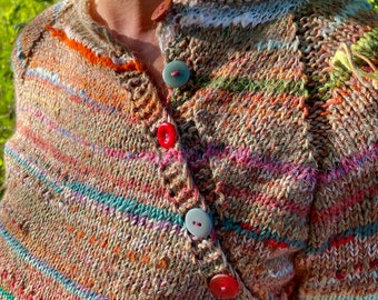 Hand Knitted Cotton Blend Sweater: Pastel Striped Button Cardigan