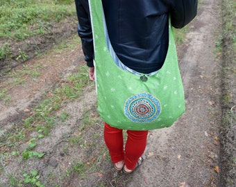Cross body bag - hippy boho bag - retro fabric bag - shoulder bag with lining & pockets inside - zero waste bag - green summer bag -