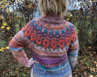 Colorful fair isle sweater- women Icelandic style sweater- orange Icelandic style ornaments - collared neckline -nordic sweater - colorful