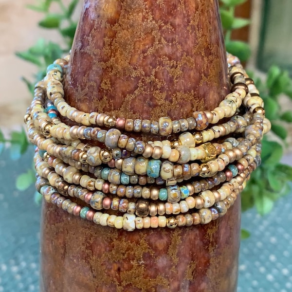 Boho Picasso Matte Canary & Matte Brown Miyuki Seed Beads 56” Long Wrap Bracelet (Wraps 8 Times), Beach Bracelet, Hippie Bracelet