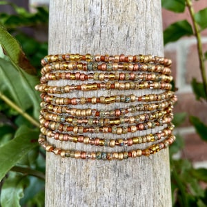 The Golden Goddess Boho Traveler, Gold, Copper and Bronze Miyuki & Toho Seed Beads 63” Long Wrap Bracelet (Wraps 9 Times)