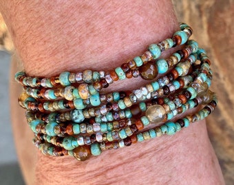 Picasso Turquoise & Amber 56” Extra Long Wrap Bracelet/Necklace; Boho Bracelet; Hippie Bracelet