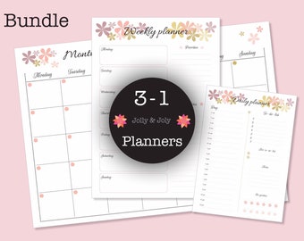 May include: A bundle of three printable planners with floral designs. The planners include a monthly, weekly, and daily planner. The text "3-1 Jolly & Joly Planners" is on a black circle.