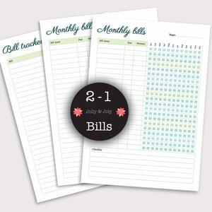 May include: Three printable bill tracker pages with a green and blue color scheme. The pages are titled "Bill tracker", "Monthly bills", and "Monthly bills". The pages have lines for writing down bill names, due dates, and amounts. The pages also have a calendar grid for tracking bill payments.