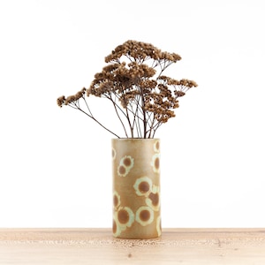 May include: A brown and white ceramic vase with a circular pattern, filled with dried brown flowers.