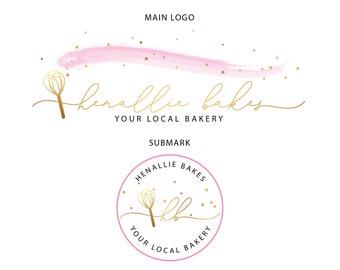 Bakery Logo - Whisk Logo - Rose Gold Baking Logo Design - Bakery Logo Branding Kit - Handmade Bakery Logo - Cake Shop Logo