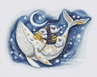 Cross Stitch Whale Pattern, Seals Cross Stitch, Starry sky Cross stitch pattern, whale embroidery, Norwegian folk art, Song of the sea