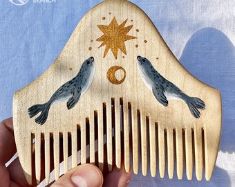 Natural Wooden Travel Comb with Seal, Unique Rare, Hand-drawing, Lady Hair Comb