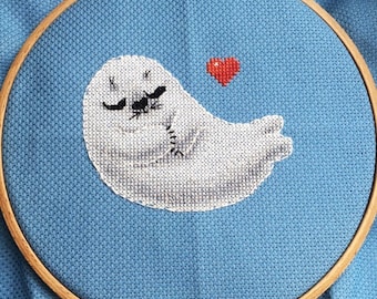 Schema punto croce foca, simpatico cucciolo di foca punto croce, ricamo foca, ricamo a punto croce, arte popolare norvegese, selkie