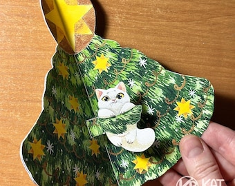 Cartolina pop-up di Natale con gatti sull'albero di Natale. Biglietto di Natale fai da te stampabile (PDF)