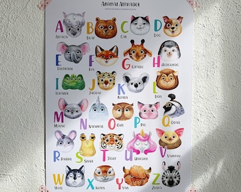 Poster con alfabeto di animali ad acquerello: decorazione murale per la sala giochi dei bambini (download digitale)