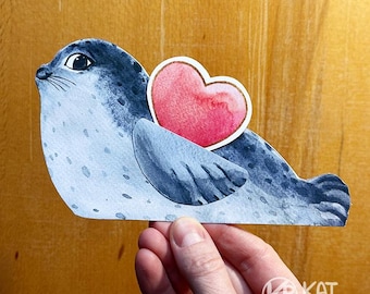 Biglietto di San Valentino con foca grigia. Cartolina fai da te stampabile (PDF)